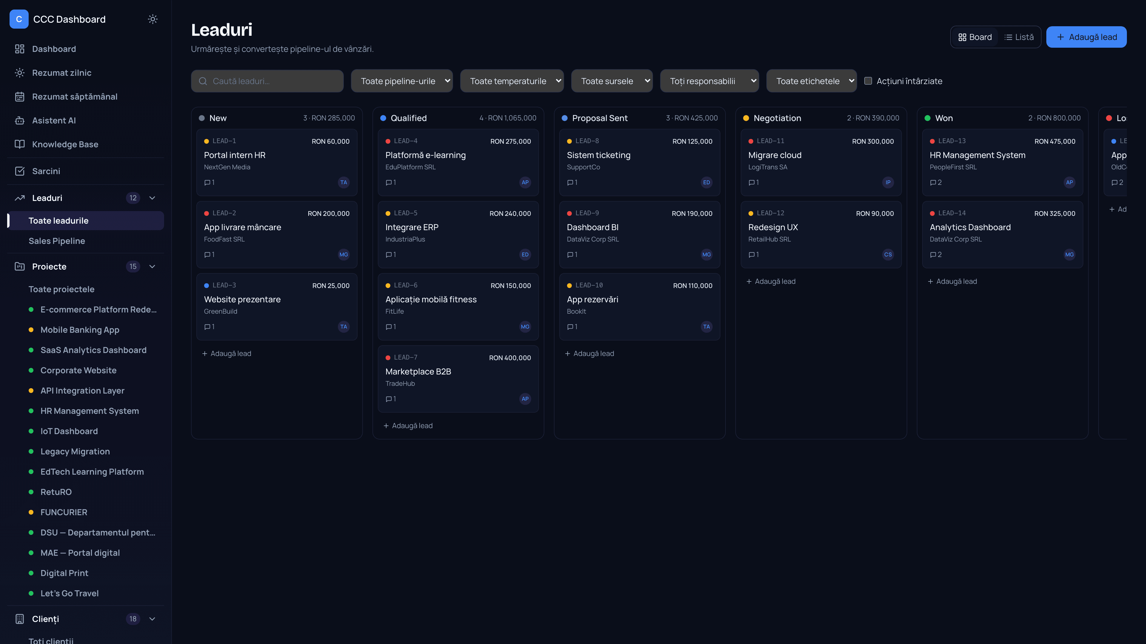 CRM cu Kanban board. De la lead la proiect, cu un click.