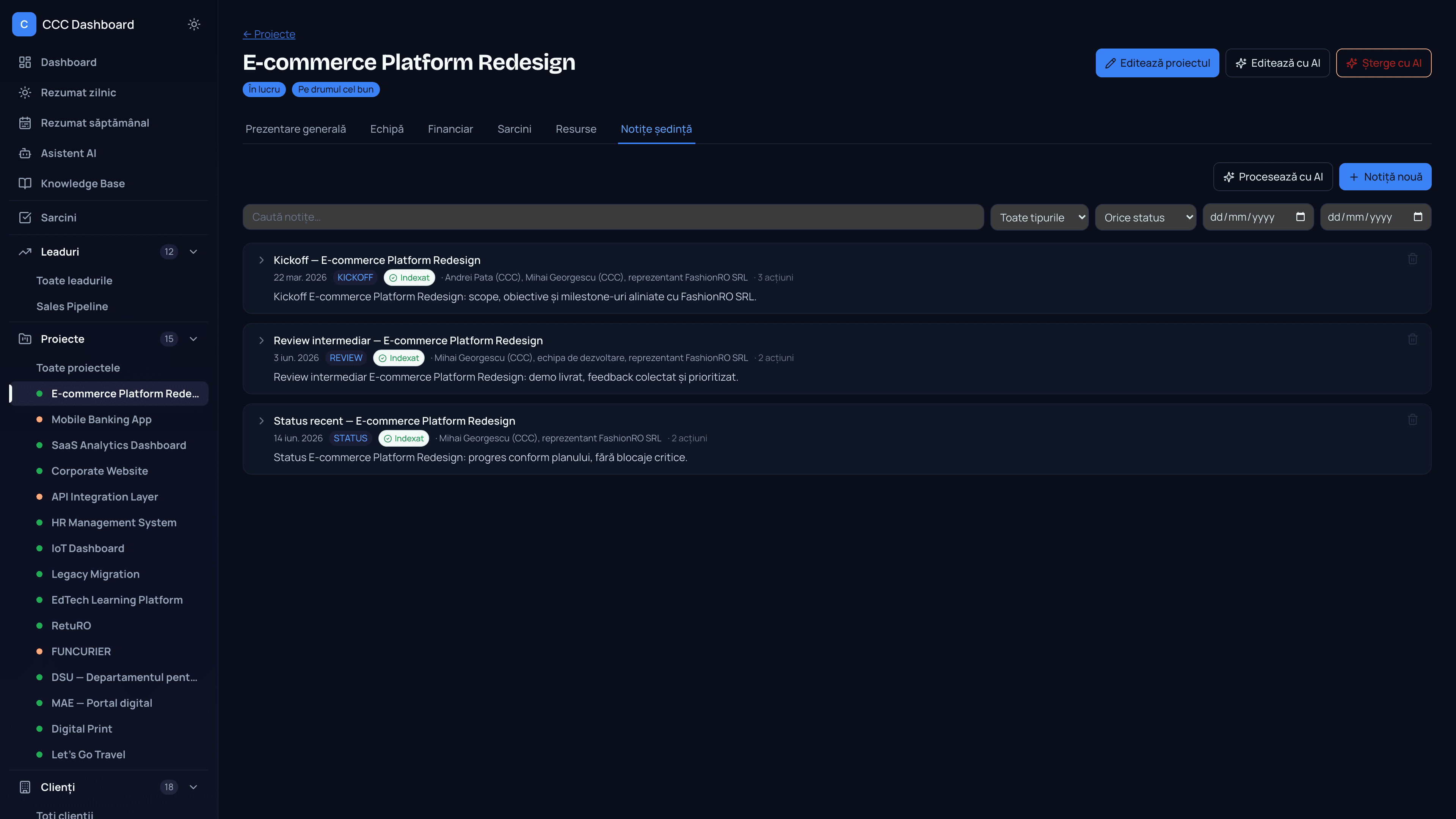 Note de întâlniri cu AI parsing. Decizii și action items extrase automat.